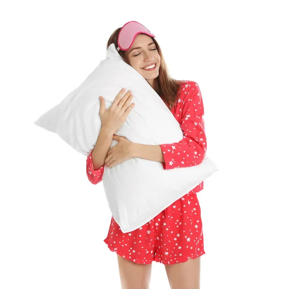 Beyaz Arka Planda Yastıklı Uyku Maskeli Güzel Bir Kadın Yatma — Stok fotoğraf