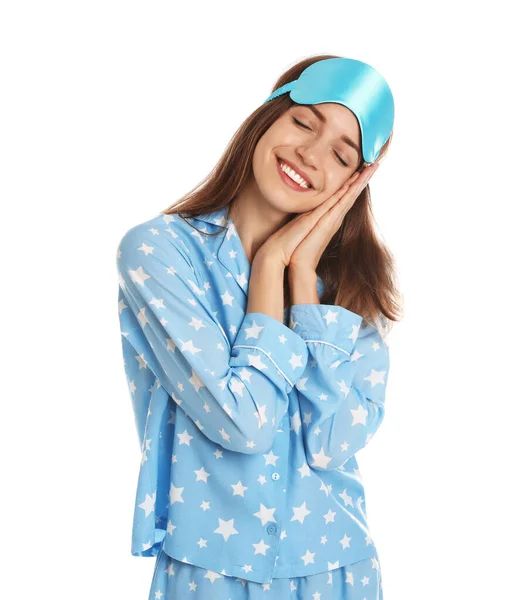 Belle Femme Pyjama Masque Sommeil Sur Fond Blanc Lit — Photo