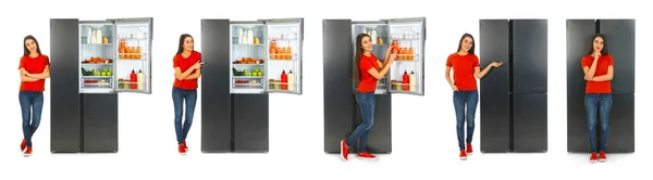 Collage Woman Open Refrigerators White Background — Stock Photo, Image