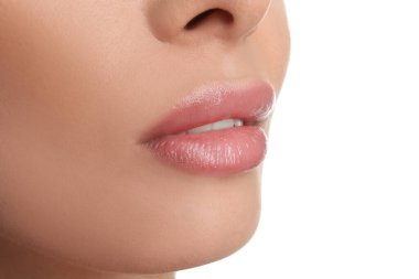 Woman with beautiful full lips on white background, closeup clipart