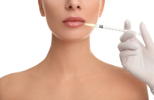 Woman Getting Lip Injection White Background Closeup — Stock Photo, Image