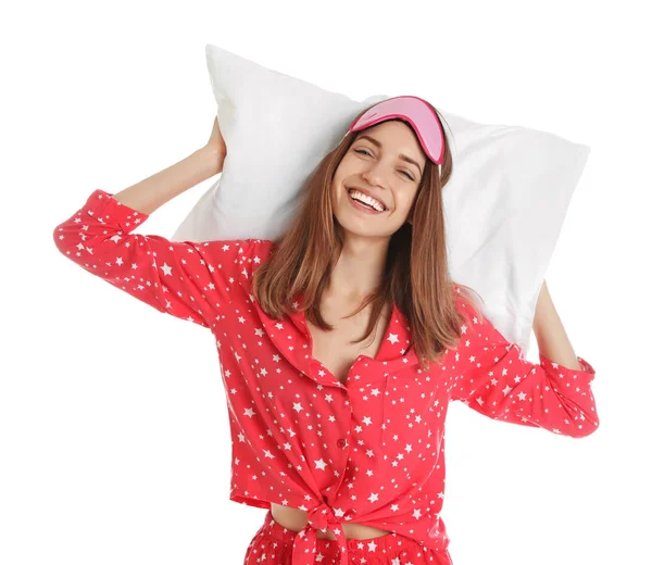 Schöne Frau Mit Kissen Und Schlafmaske Auf Weißem Hintergrund Schlafenszeit — Stockfoto