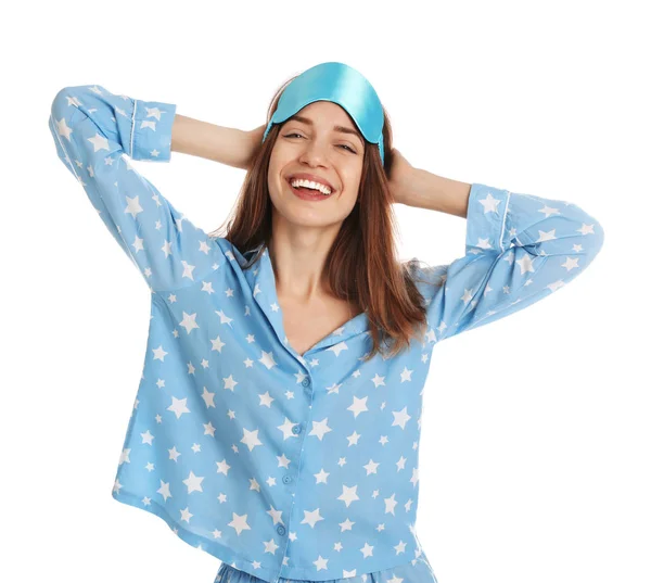 Mooie Vrouw Met Pyjama Slaapmasker Witte Achtergrond Bedtijd — Stockfoto