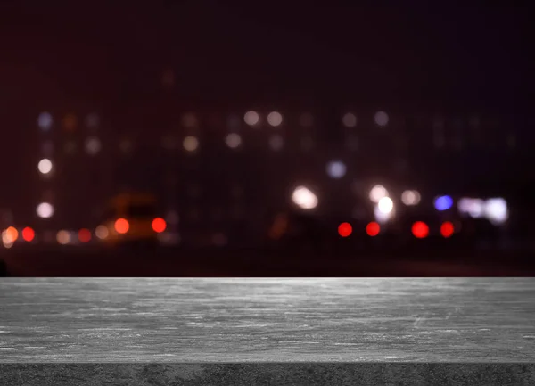 Empty Grey Stone Surface Blurred View Night City Bokeh Effect — Stock Photo, Image