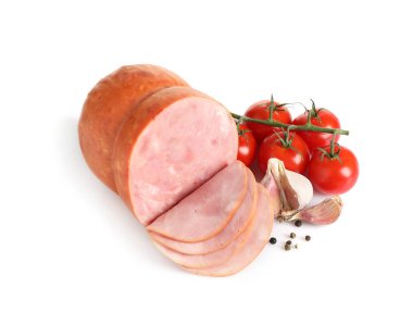 Tasty ham with cherry tomatoes, garlic and pepper isolated on wh clipart