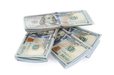 Beyaz üzerine izole edilmiş dolar banknotları. Para ve finans