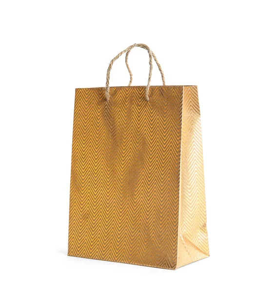 Χρυσή χάρτινη τσάντα που απομονώνεται στο λευκό. Χώρος για σχεδιασμό — Φωτογραφία Αρχείου