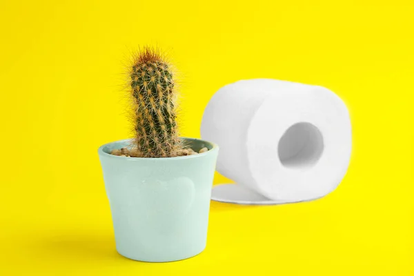 Toilettenpapierrolle Und Kaktus Auf Gelbem Hintergrund Hämorrhoidalleiden — Stockfoto