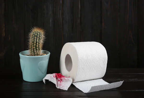 Toilettenpapierrolle Und Kaktus Auf Schwarzem Holztisch Hämorrhoidalleiden — Stockfoto