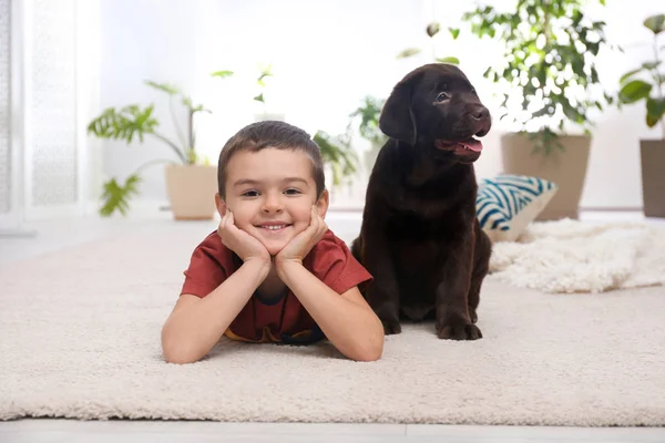 Menino com filhote no chão em casa. Cão amigável — Fotografia de Stock