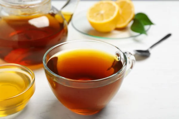 Chá Delicioso Com Mel Limão Mesa Branca — Fotografia de Stock