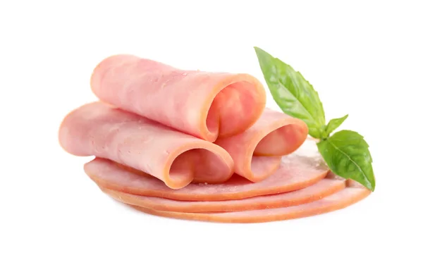 Slices of tasty fresh ham with basil isolated on white — Stock Photo, Image