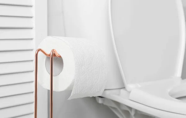 Halter Mit Papierrolle Der Nähe Von Toilettenschüssel Bad — Stockfoto