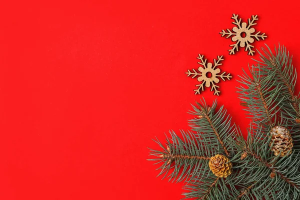 Christmas Flat Lay Composition Fir Branches Red Background Space Text — ストック写真