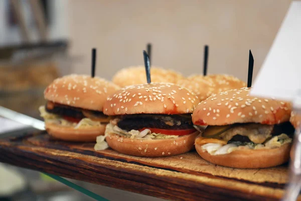 Tasty Burgers Wooden Board School Canteen Fresh Food — Stock Photo, Image