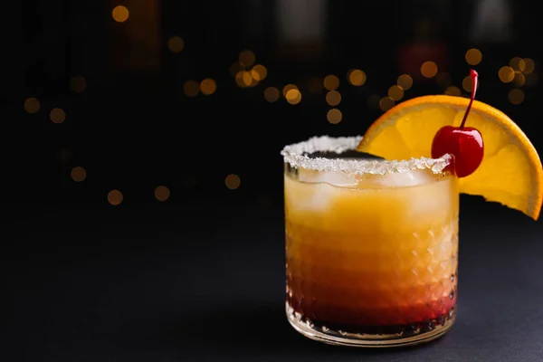 Fresh Alcoholic Tequila Sunrise Cocktail Black Table Space Text — 스톡 사진