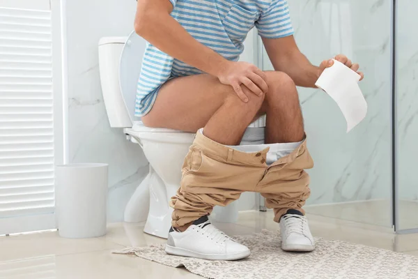 Man Suffering Hemorrhoid Toilet Bowl Rest Room Closeup — Stock Photo, Image