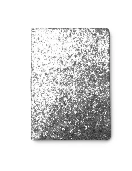 Stylish glitter notebook isolated on white, top view — 스톡 사진