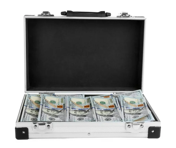 Caja metálica abierta llena de dinero sobre fondo blanco — Foto de Stock