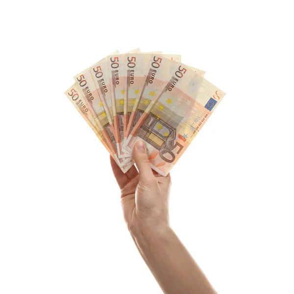 Mulher com dinheiro no fundo branco, close-up — Fotografia de Stock