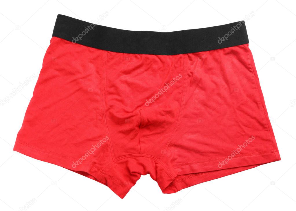 Comfortable red men's underwear isolated on white, top view