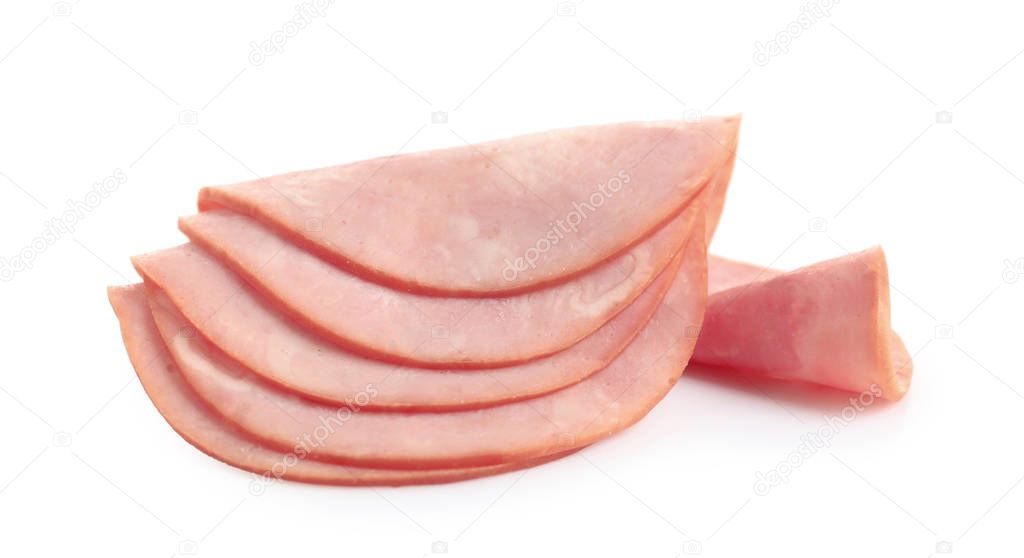 Slices of tasty fresh ham isolated on white