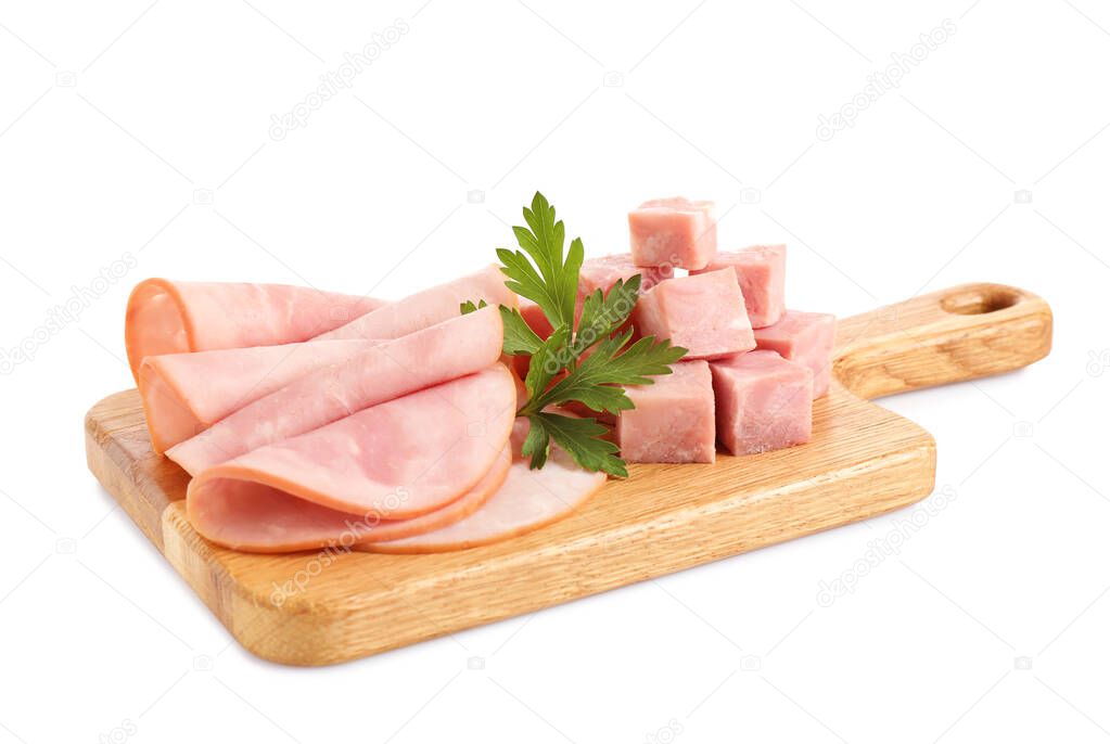 Slices of tasty fresh ham with parsley isolated on white