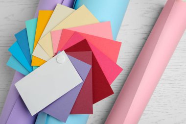 Beyaz ahşap arka Grou üzerinde renk paleti ile düz kompozisyon yatıyordu