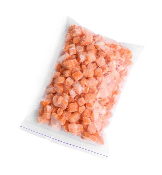 Frozen carrots in plastic bag isolated on white, top view. Veget — 스톡 사진