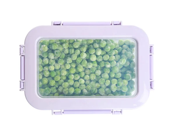 Frozen peas in plastic container isolated on white, top view. Ve — Stock Photo, Image