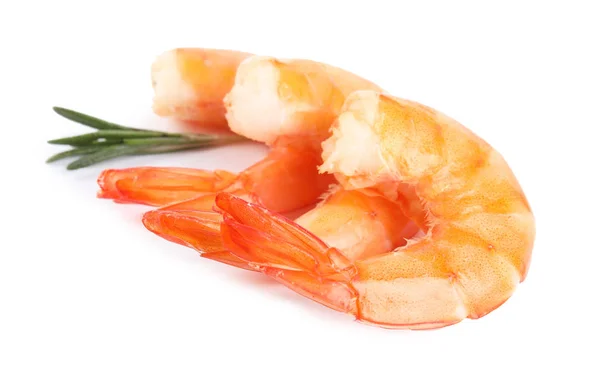Deliziosi gamberetti cotti e rosmarino isolato su bianco — Foto Stock