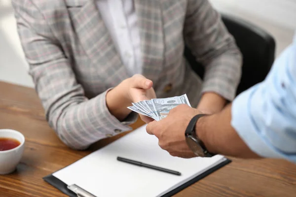 Man Giving Bribe Money Woman Table Closeup — Stock Photo, Image