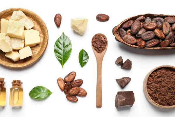 Sammansättning Med Ekologiskt Kakaosmör Vit Bakgrund Ovanifrån — Stockfoto