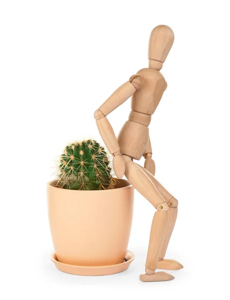 Wooden human figure and cactus on white background. Hemorrhoid p — Stock Photo, Image