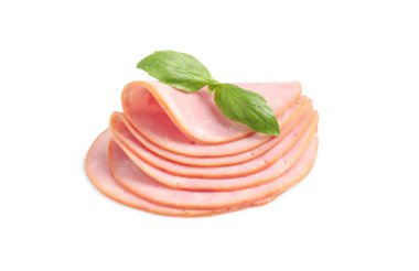 Lezzetli taze jambon dilimleri ve beyaz fesleğen.
