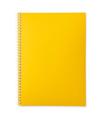Üst görünümde izole edilmiş şık sarı defter