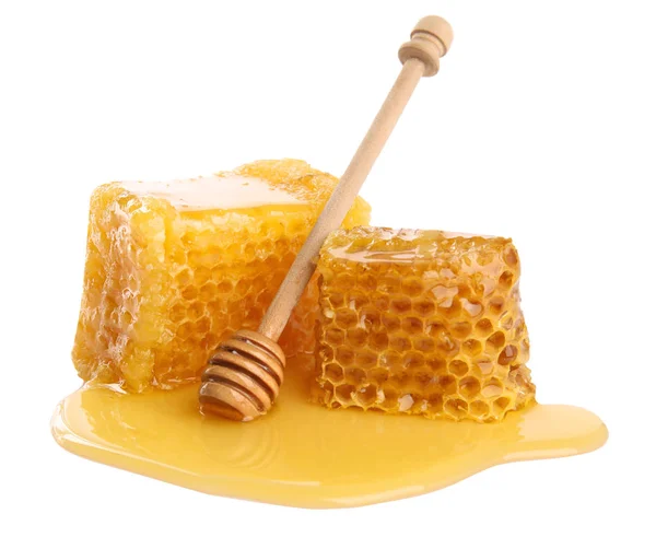 Fresh honeycombs and dipper isolated on white — 스톡 사진