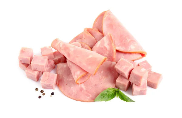 Lekkere verse ham met basilicum en peper geïsoleerd op wit, boven v — Stockfoto
