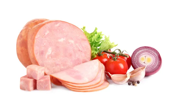 Tasty fresh ham with vegetables and pepper isolated on white — Stock Photo, Image