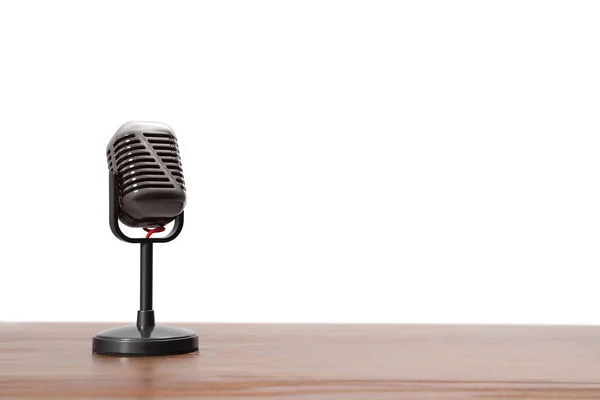Vintage μικρόφωνο σε ξύλινο τραπέζι, χώρος για κείμενο. Δημοσιογράφοι — Φωτογραφία Αρχείου