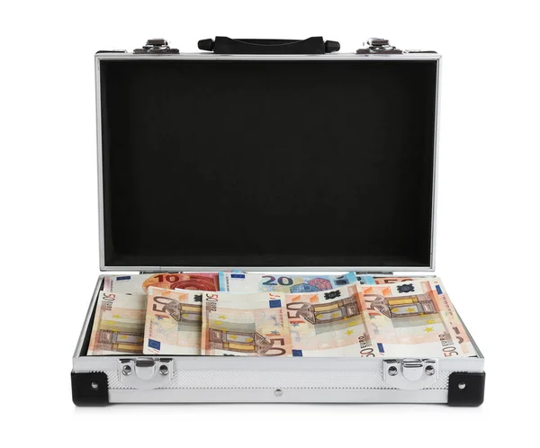 Open metal case full of money on white background