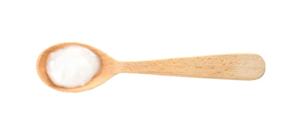 Organic Coconut Oil Wooden Spoon Isolated White Top View Healthy — Stock Photo, Image