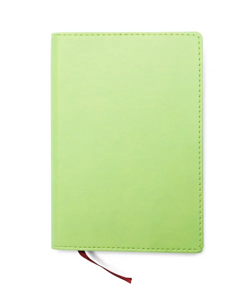Stylowy zielony notatnik na białym, górnym widoku — Zdjęcie stockowe