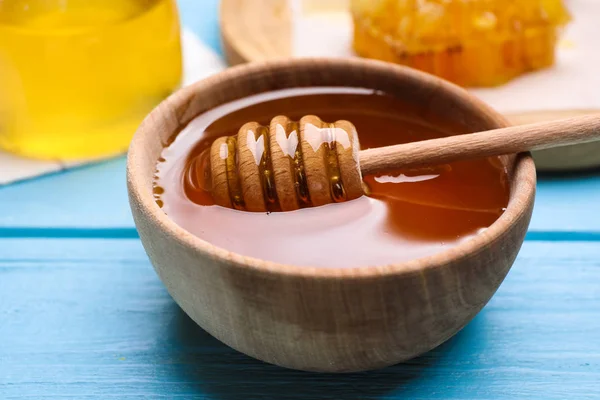 Tasty Aromatic Honey Light Blue Wooden Table Closeup — Stock Photo, Image