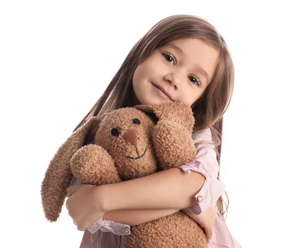 Portrait of cute little girl with toy bunny on white background — Stock Photo, Image