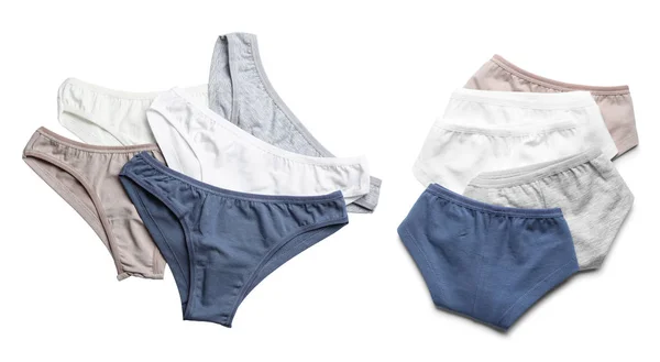 Conjunto de cuecas femininas confortáveis isoladas em branco, vista superior — Fotografia de Stock