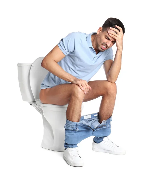 Man Suffering Diarrhea Toilet Bowl White Background — Stock Photo, Image