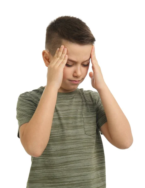 Retrato de niño preadolescente con dolor de cabeza sobre fondo blanco — Foto de Stock