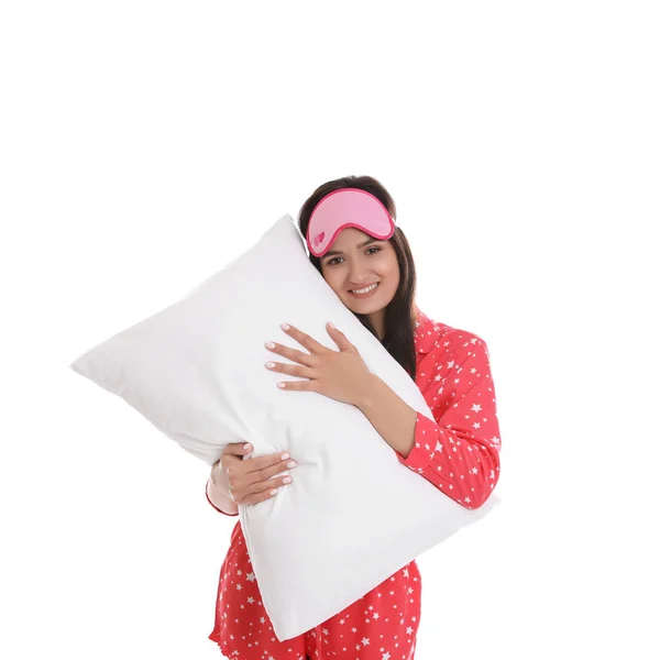 Mulher Bonita Com Travesseiro Fundo Branco Hora Dormir — Fotografia de Stock