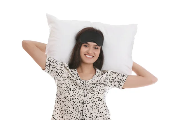 Hermosa Mujer Con Almohada Sobre Fondo Blanco Hora Dormir —  Fotos de Stock